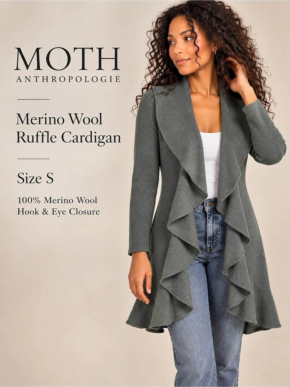 Anthropologie MOTH Merino Wool Ruffle Cardigan Sage Green Size S